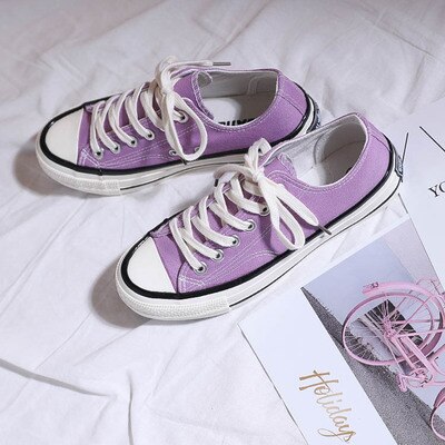 Flickskor avslappnad lavendel ljus lila vackra sneakers alla matchar enfärgad snörning platt klack canvas skor studenter 35-40: Låg / 36