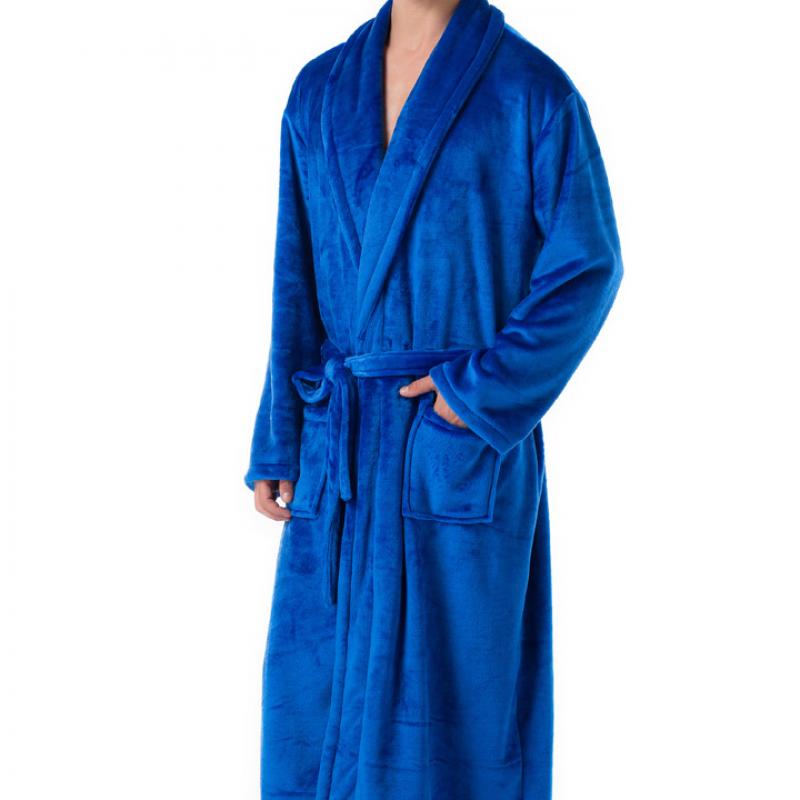 Afslappet mandlig morgenkåbe herre badekåber langærmet revers krave herre flannel morgenkåbe med bælte plys kimono varm mandlig badekåbe frakke: Blå / Xxl