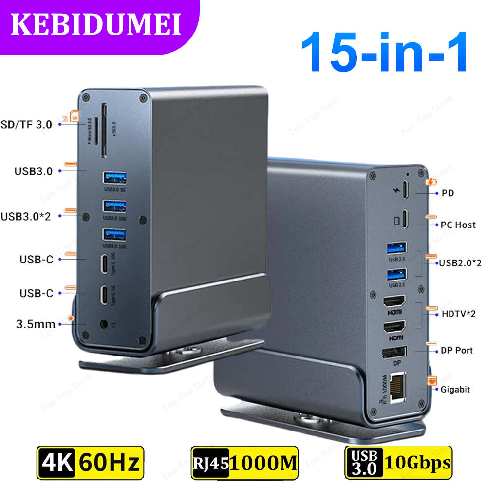 15 in 1 USB C Docking Station USB C Hub Type C Hub Dual HDMI Adapter USB 3.0 10Gbps Splitter 4K60Hz/RJ45 1000M/USB3.0/PD100W