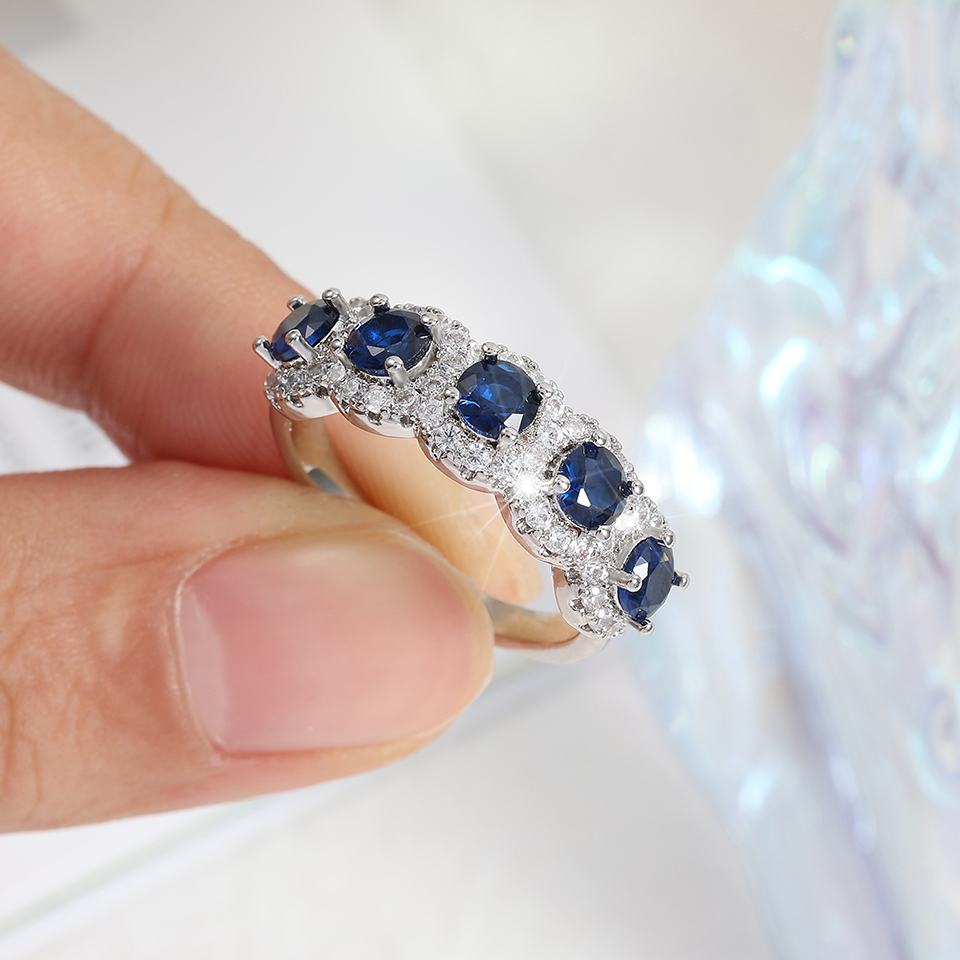 Zakolclassic blå kubisk zirkonia runda kopparringar för kvinnor flickor silverfärgad metallkristall fingrar accessoarer smycken