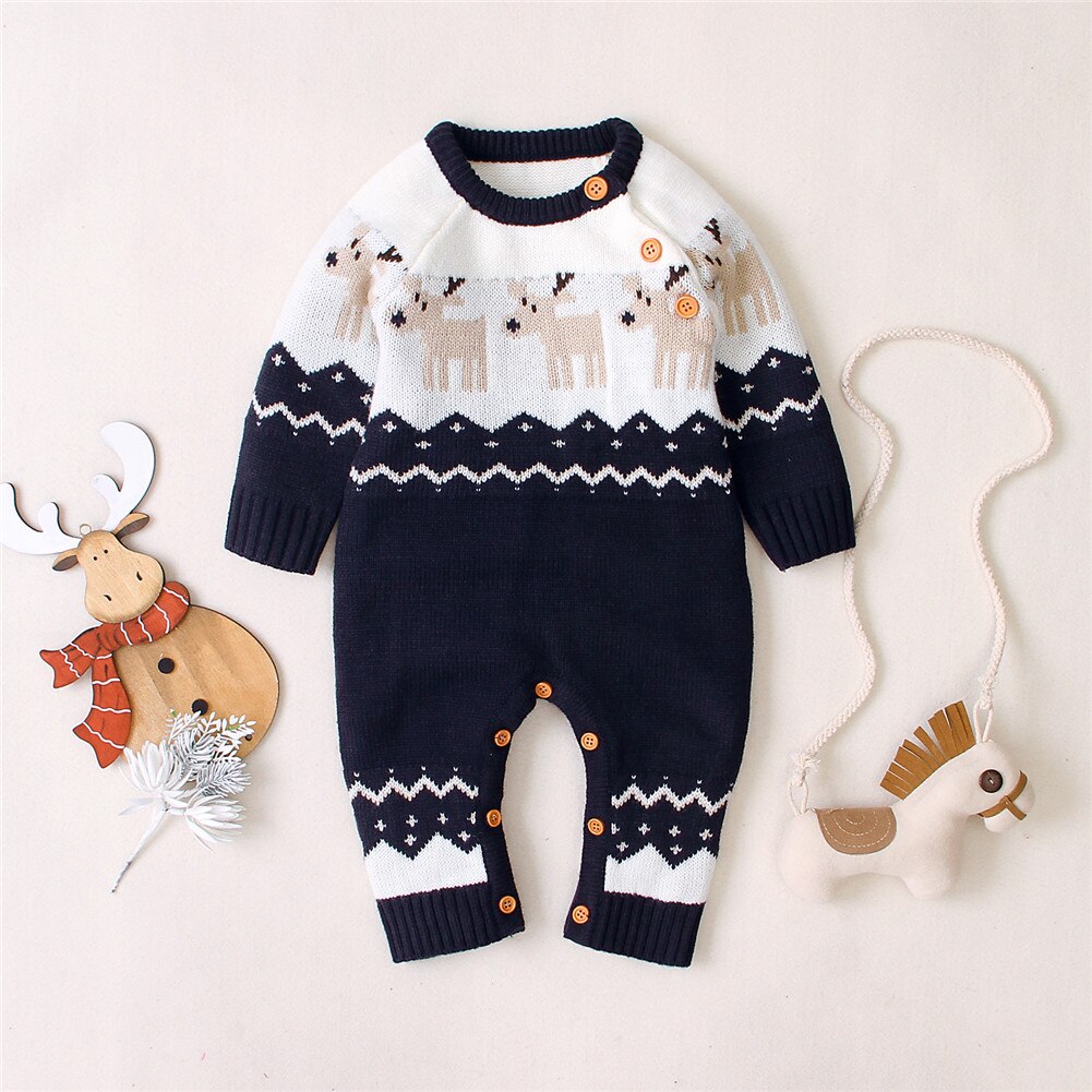 FOCUSNORM Infant Baby Girls Boys Christmas Romper Long Sleeve Elk Pattern Printed Knit Warm Jumpsuit
