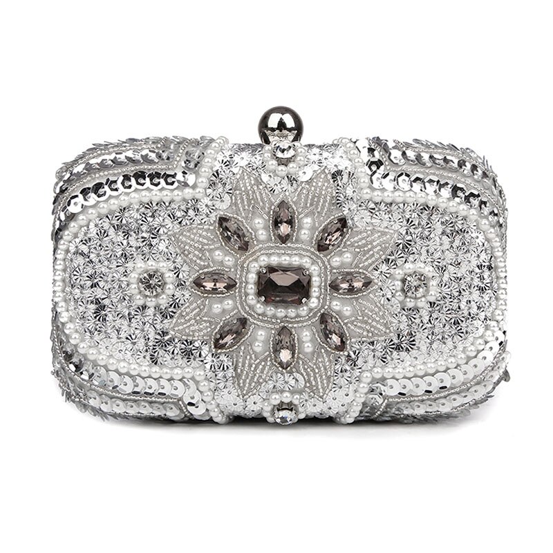 Silver Clutch Purse Glitter Women Beaded Clutch Evening Bags With Chains Handbag Wedding Party Bag Banquet pochette femme w611: Design A Silver