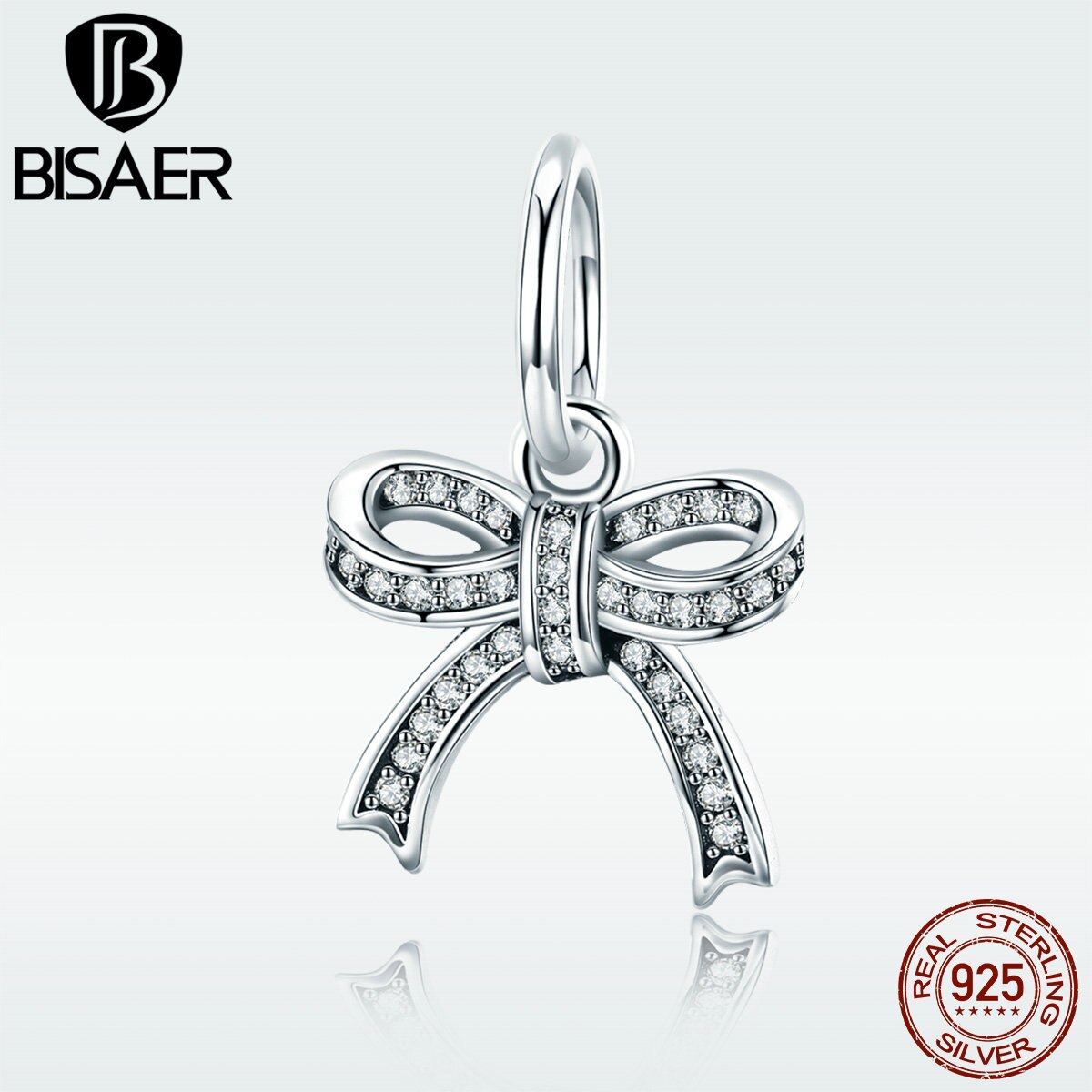 BISAER Real 925 Sterling Silver Dazzling Bowknot Charms Bowknot Clear CZ Beads Fit for Bracelet Silver 925 Jewelry Making ECC775