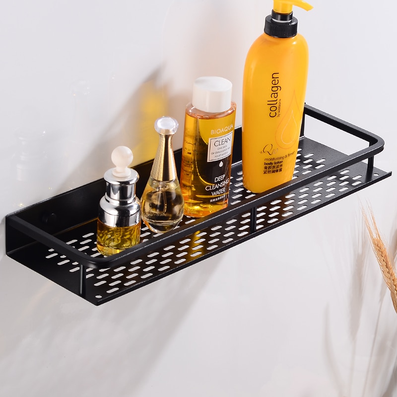 Badeværelse hylde sort aluminium enkelt badeværelse hylder bruser opbevaring rack vægmonteret dekorativ hjørne kurv shampoo hylde