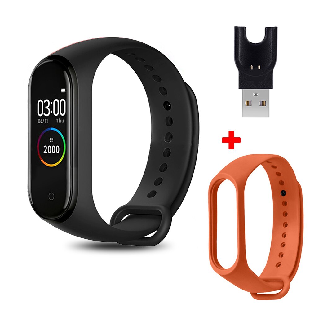 M4 Smart Bracelet with Extra Strap Smart Band Color Screen Sport Fitness Pedometer Blood Pressure Smart Wristband Step Counter: black orange