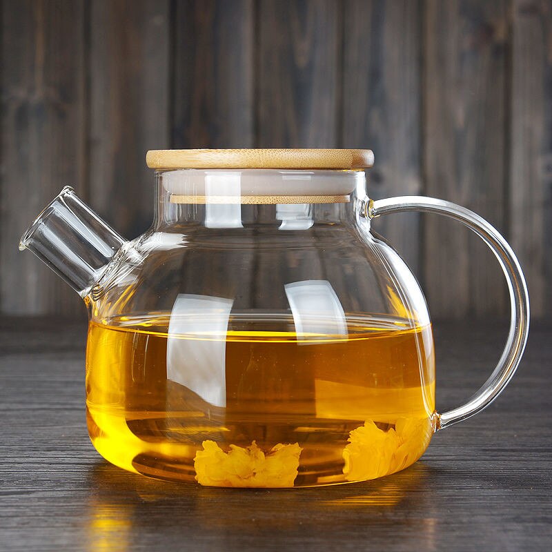 1000ml/1800ml Heatable Glass Kettle Water Jug Heat-Resistant Teapots with Stainless Steel Cover Transparent Juice Container: 1L bamboo lid