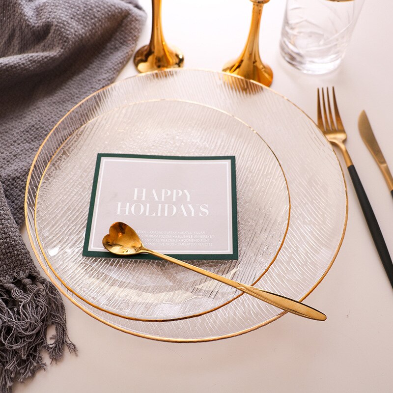 Assiette en verre créative avec bord doré, motif œil de marteau Transparent, assiette de cuisine occidentale, assiette à Steak, tapis de Table, fruits ménagers