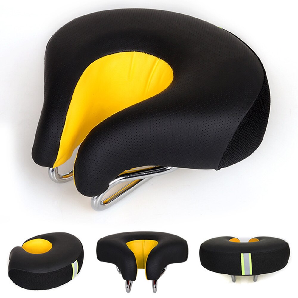 Sillín de bicicleta sin ruido, asiento de 5cm de espesor, súper suave y grueso, absorción de impacto, cómodo, con tiras reflectantes: Black Yellow