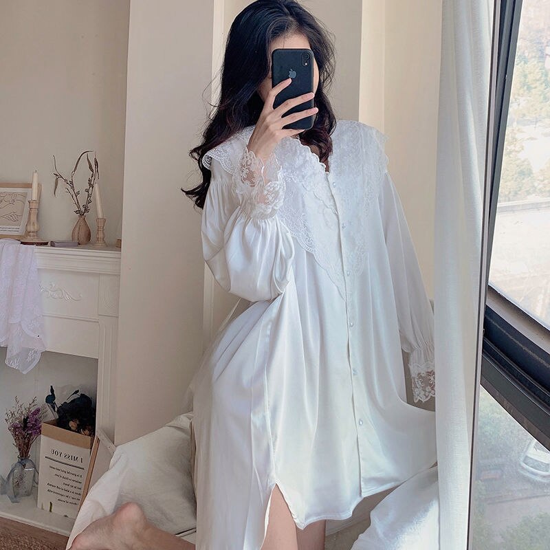 Camisola feminina renda doce manga comprida, camisola casual folgada coreana adorável mini vestido vintage branco com botões