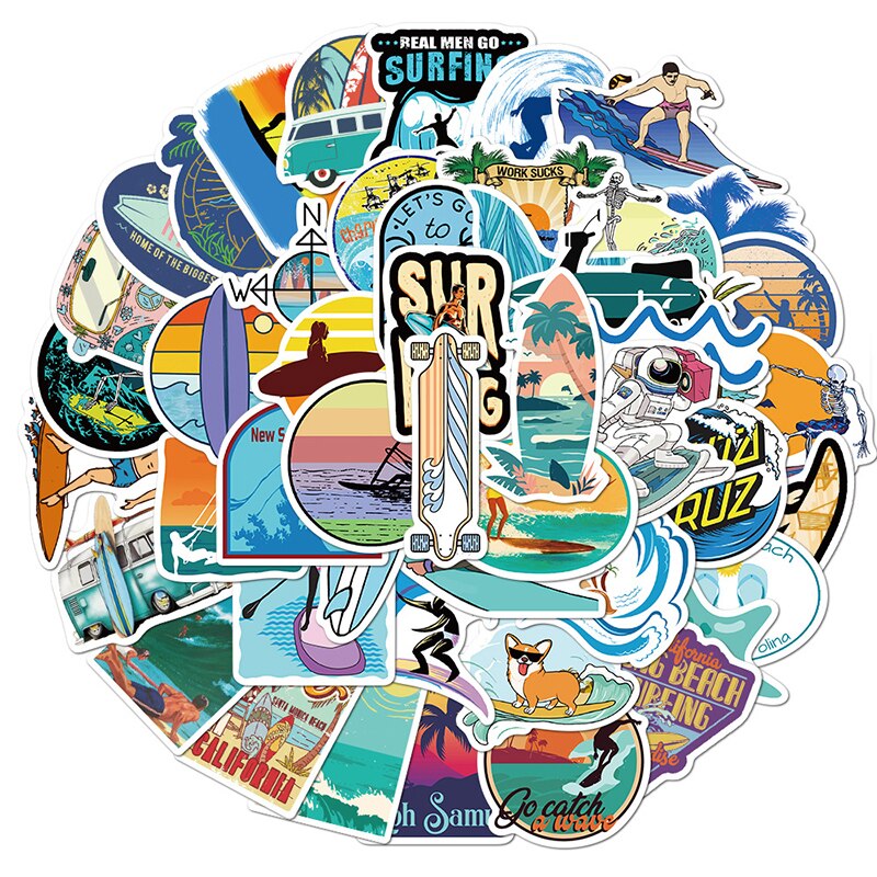 50PCS Outdoor Surfing Stickers Summer Tropical Beach Surfing Stickers For Surfboard Luggage Water Bottle Wall Laptop Sticker