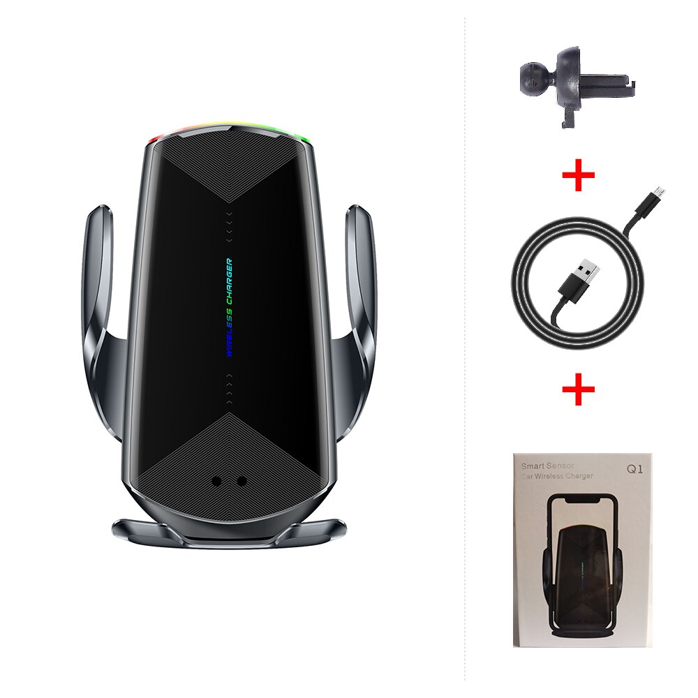 Qi Car Wireless Charger 15W Automatic Clamp Quick Charge foriphone 11 pro forHuawei P40 pro Mate30 pro Infrared Sensor Holder: Black