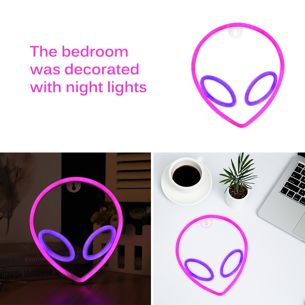 Neon--wandleuchte in bilden eines Außerirdischer-gesichts für kinderzimmer, untertassen-nachtlampe, partydeko für freundlicher