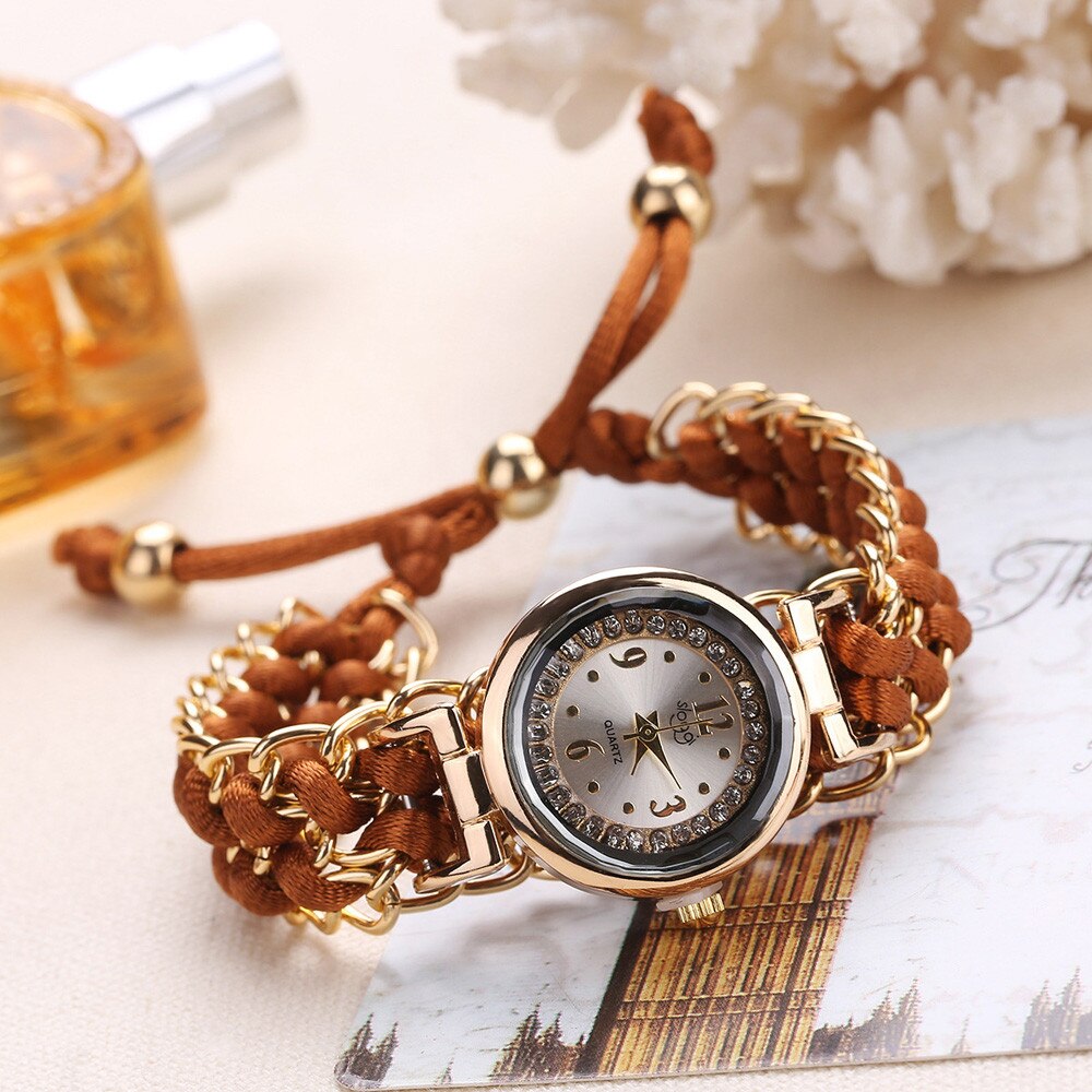 Women Knitting Rope Chain Winding Analog Quartz Movement Wrist Watch Compact Round Woven Wrist Clock Zegarek Damski: Brown