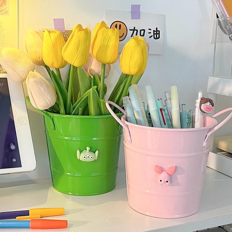 Iron Bucket Box Big Mouth Large Capacity Iron Pen Holder Desktop Flower Pot Arrangement Dormitory Miscellaneous Storage Box
