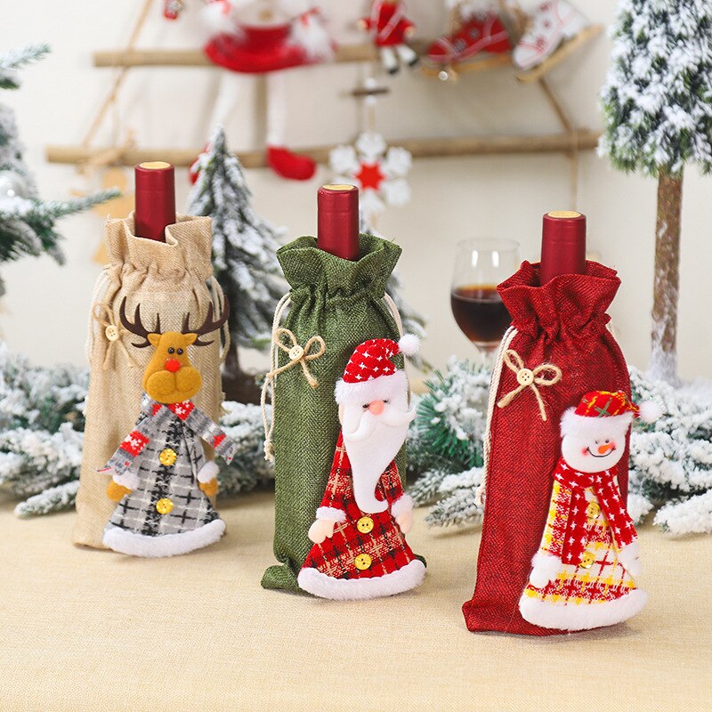 Jul vin flaska täcka väska tomte tecknad kjol docka säckväv vin flaska täcka jultillbehör