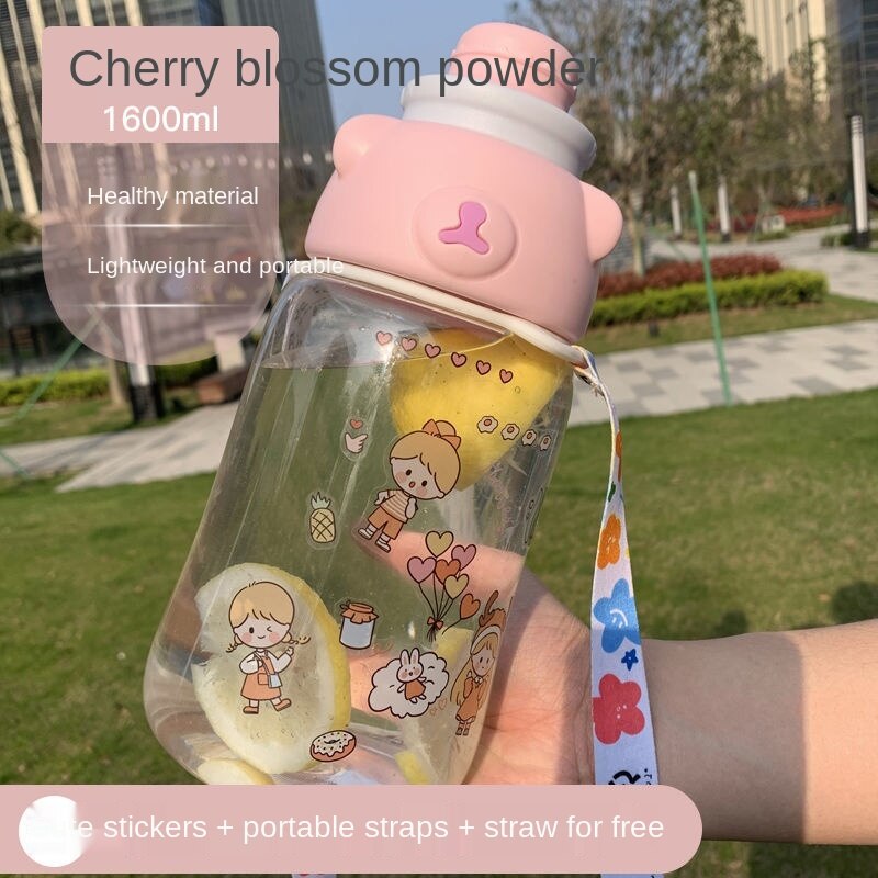 1000/1200/1600 ML Wasser Flaschen 33.8/40.5/54 Unzen Neue Wasser Tasse Weiblichen Super Große Kapazität mit Stroh Flasche Topf Tragbare: Rosa-1600ml