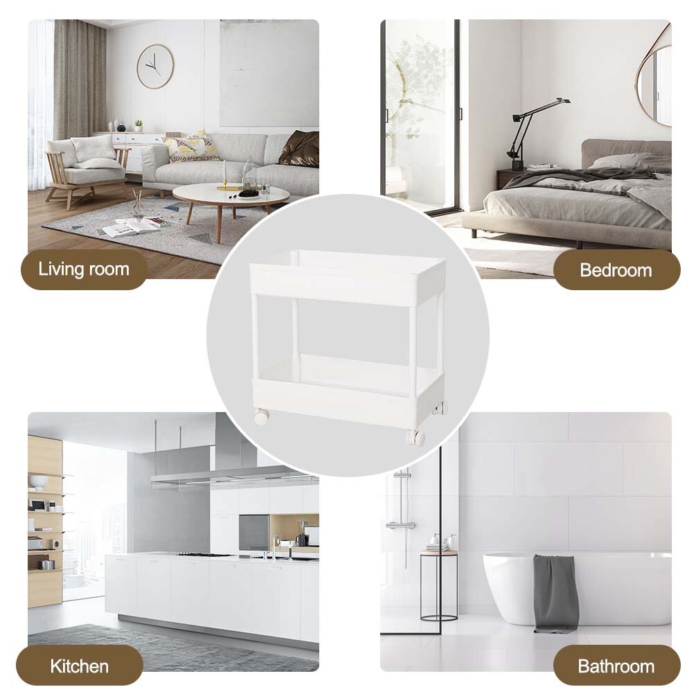 BAOYOUNI 2 Tier Plastic Slim Trolley Movable Storage Cart Pull Out Trolley Shelf with Wheels for Kitchen Bathroom White