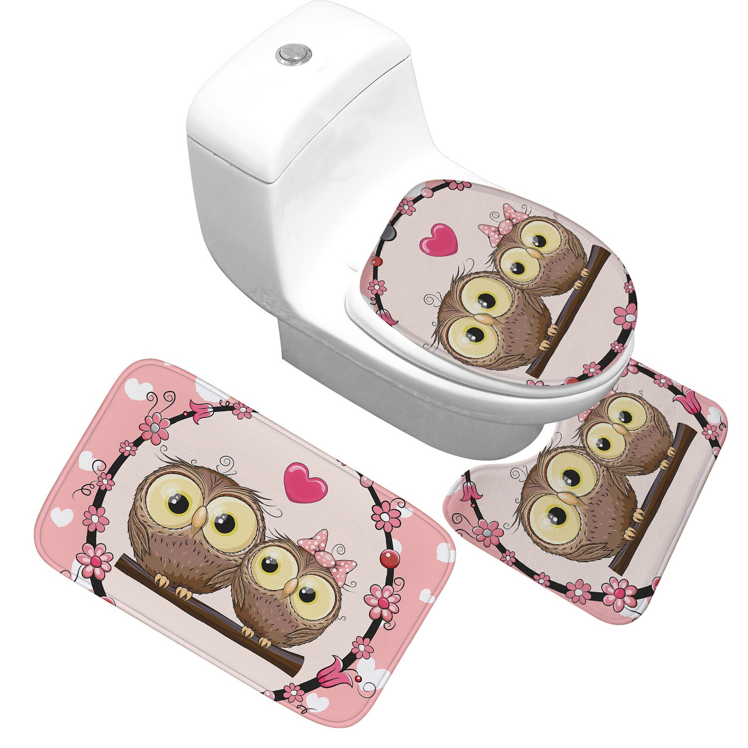 Honlaker Cartoon Owl Bathroom Mat Set Water-absorbing Non-slip Bathroom Rug Toilet Bath Mats Toilet Cover Decoration: 01
