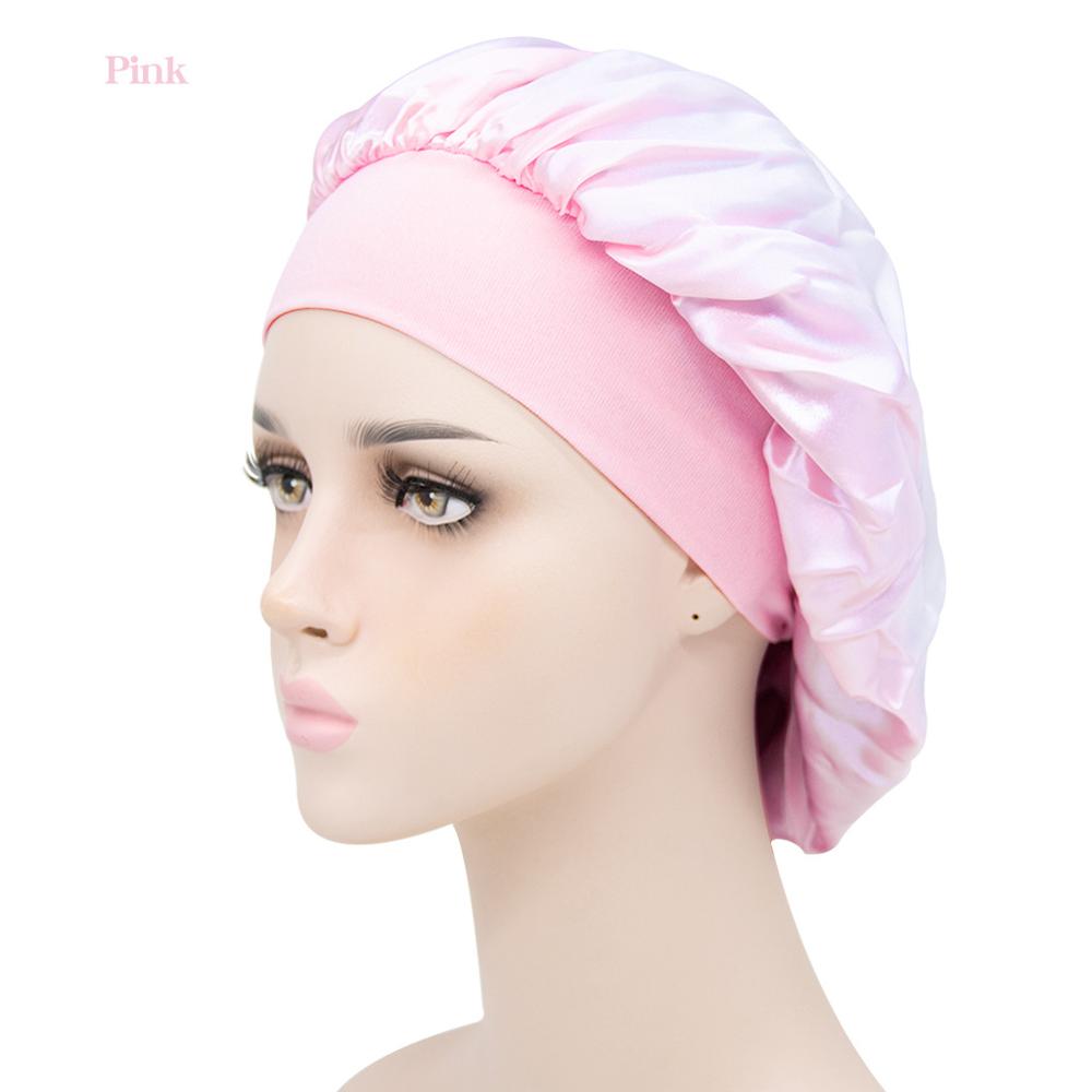 Gorro de descanso de ala ancha de satén para mujer, gorro de dormir para el cuidado del cabello, gorro de noche, Unisex, gorro de ducha, envoltura de cabeza de seda: pink