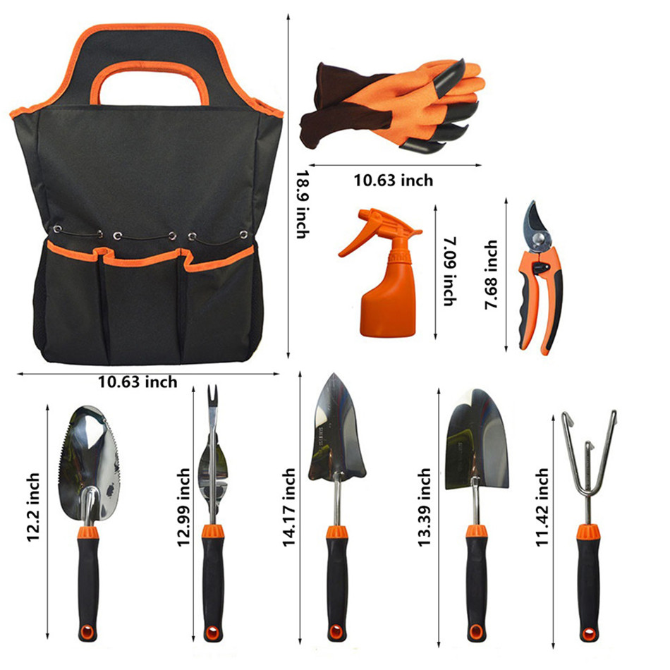 9PCS Garden Tools Set Gardening Shovel Rake Garden Tools With Storage Tote for Keen Gardeners
