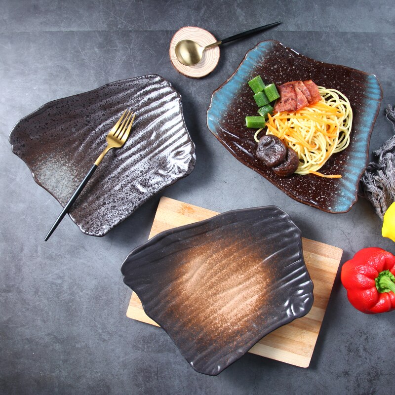 Japanse Retro Keramische Servies Sushi Plaat Onregelmatige Vlakke Plaat Zwart Ontbijt Plaat Thuis Schotel Snack Plaat