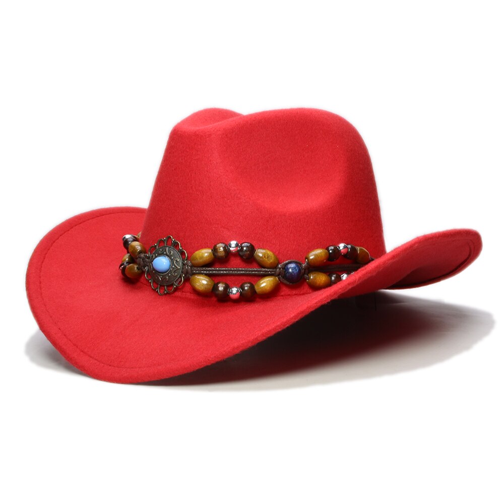 Trança de miçangas de madeira retrô, formal, turquesa, miçanga de madeira, bandunisexlã, aba larga, chapéu de vaqueiro ocidental, boné grande, 61cm: Vermelho