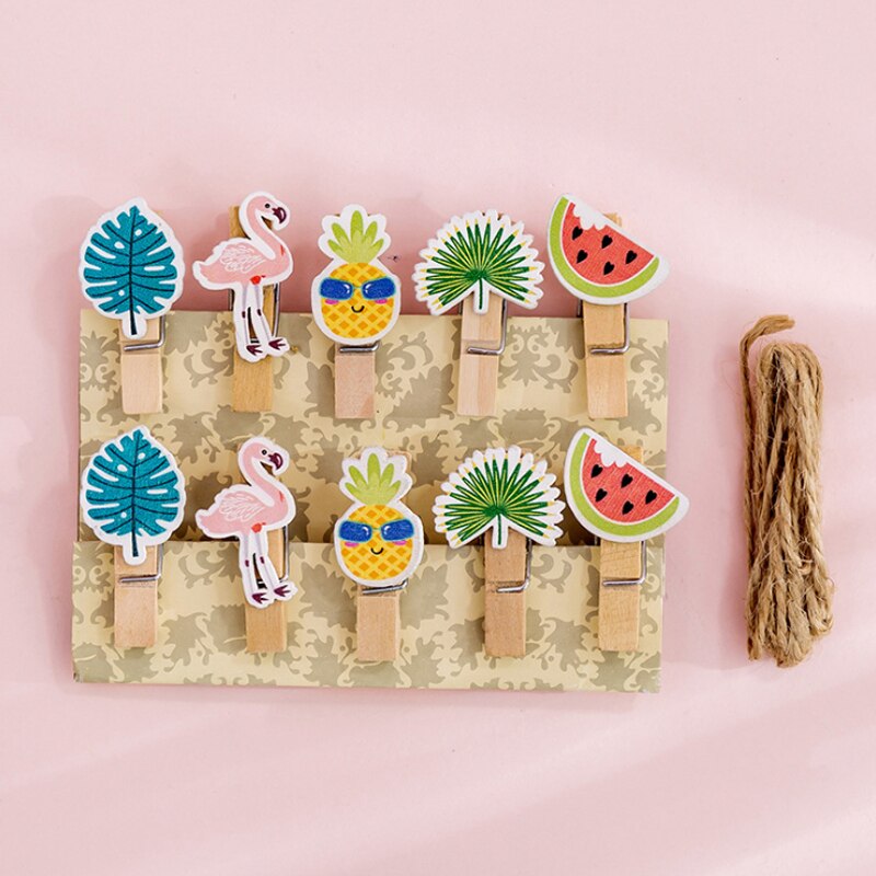 Clips de madera Natural de cuerda de cáñamo para decoración de pared, Clips para fotos, pinzas para ropa, manualidades, 10 paquetes: Flamingo