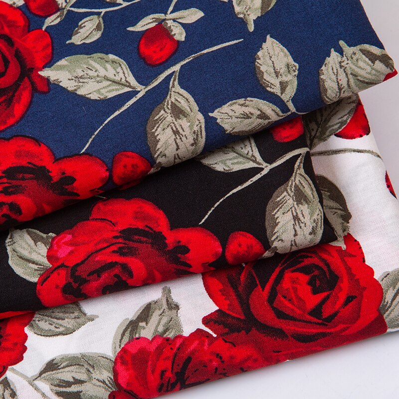 Tela de algodón de con estampado de rosas rojas, tejido fino de sarga, DIY, para hacer ropa de cama, colcha, decoración, hecho a mano, novedad de