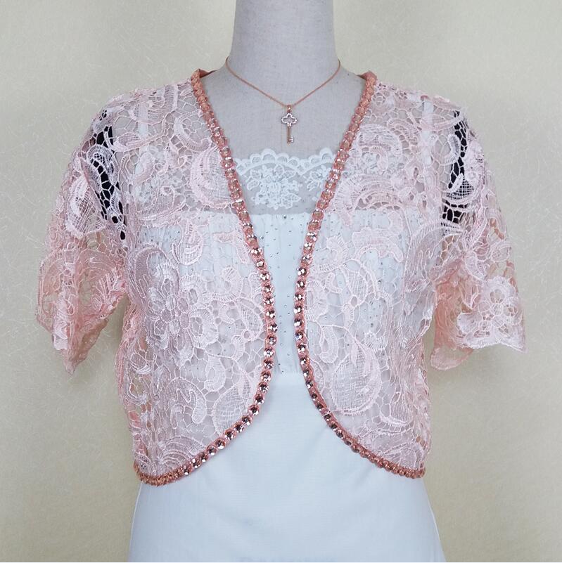 JaneVini, chaquetas cortas de encaje con cuentas para boda, se encoge para mujeres, verano, cristales rosas, Bolero, envolturas nupciales, accesorios de abrigo, Bolerka: Rosa