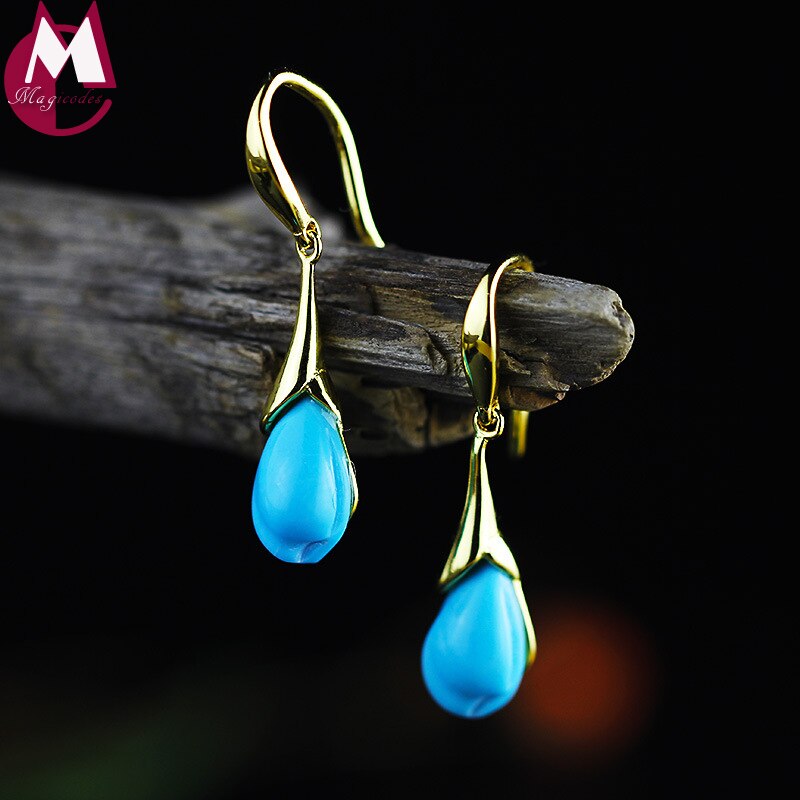 Turquoise Tulip Oorbellen 925 Sterling Zilveren Sieraden Set Voor Vrouwen Natuursteen Hanger Zilver 925 Sieraden SS04