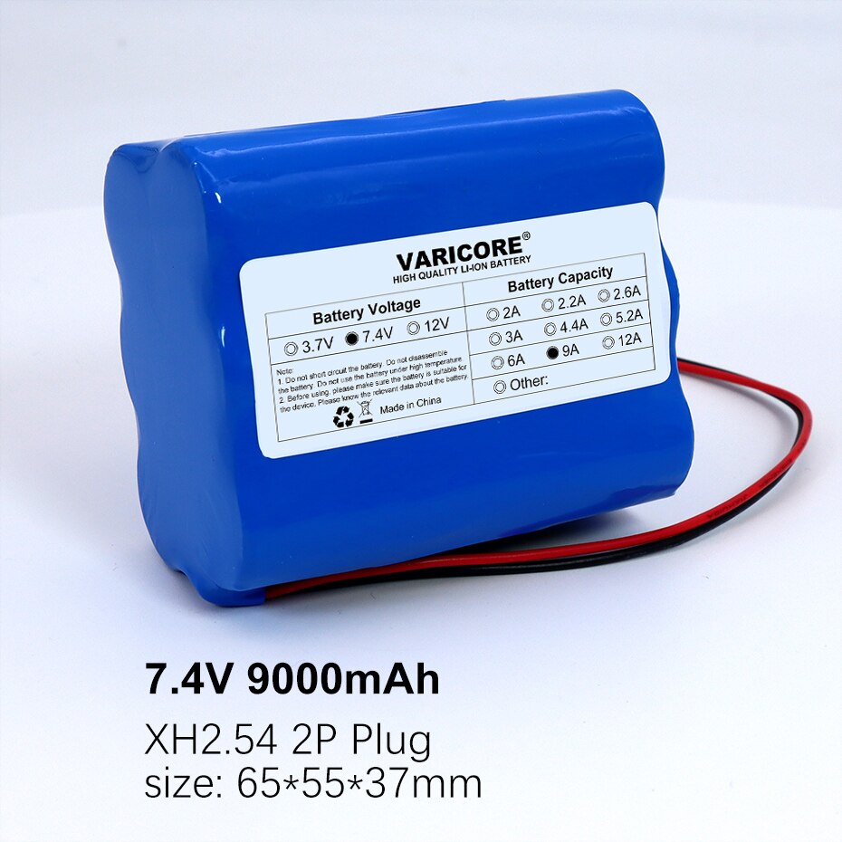 Varicore protect 7.4 v 3ah 6ah 12ah 8.4v 18650 li- lon batteri cykellys hovedlampe speciel batteripakke med pcb  xh2.54 2p stik: 7.4v 9000 mah