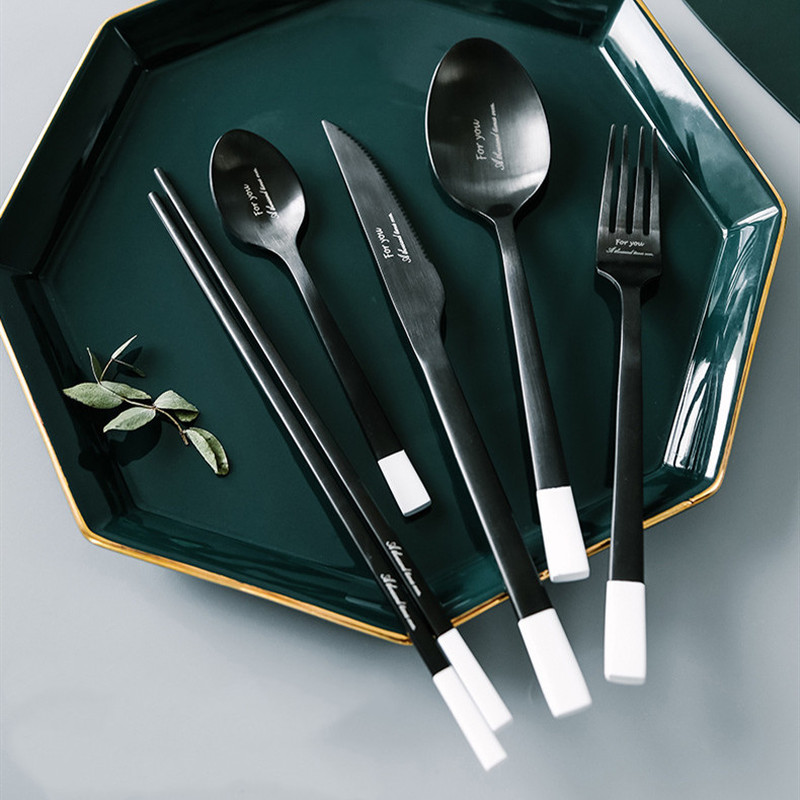 Stainless Steel Dinnerware Sets Knife and Fork Spoon Tableware Steak Chopstick Spoon Set Black Simple Western Tableware