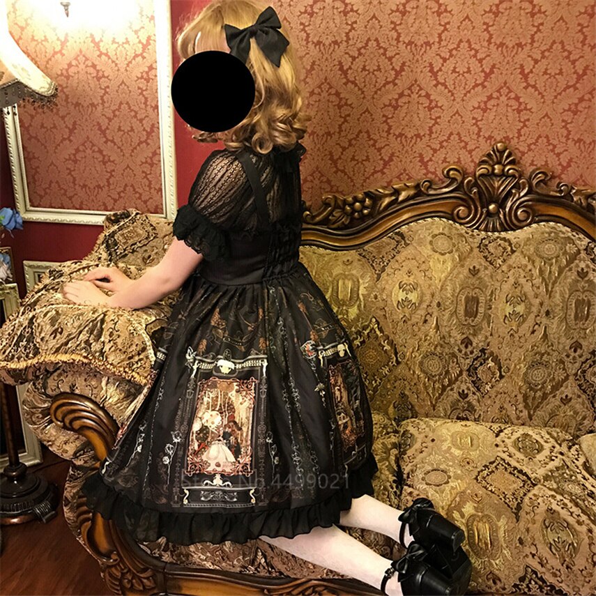 Gootti lolita mekko nainen vintage kawaii sifonki palatsi prinsessajuhla lyhty hihassa painettu söpöt cosplay-asut