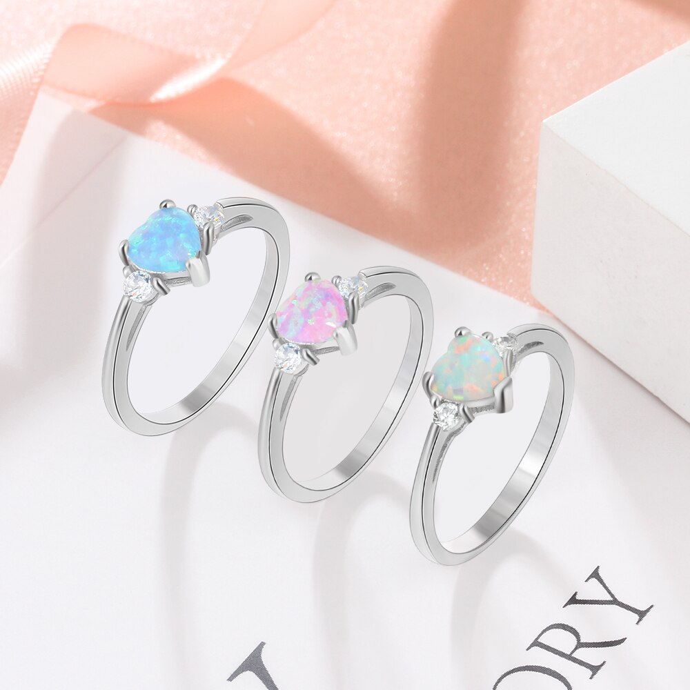 Romantische 925 Sterling Zilveren Hart Ring Gemaakt Roze Blauw Wit Fire Opal & Cz Trouwringen Voor Vrouwen (Jewelora RI103690)