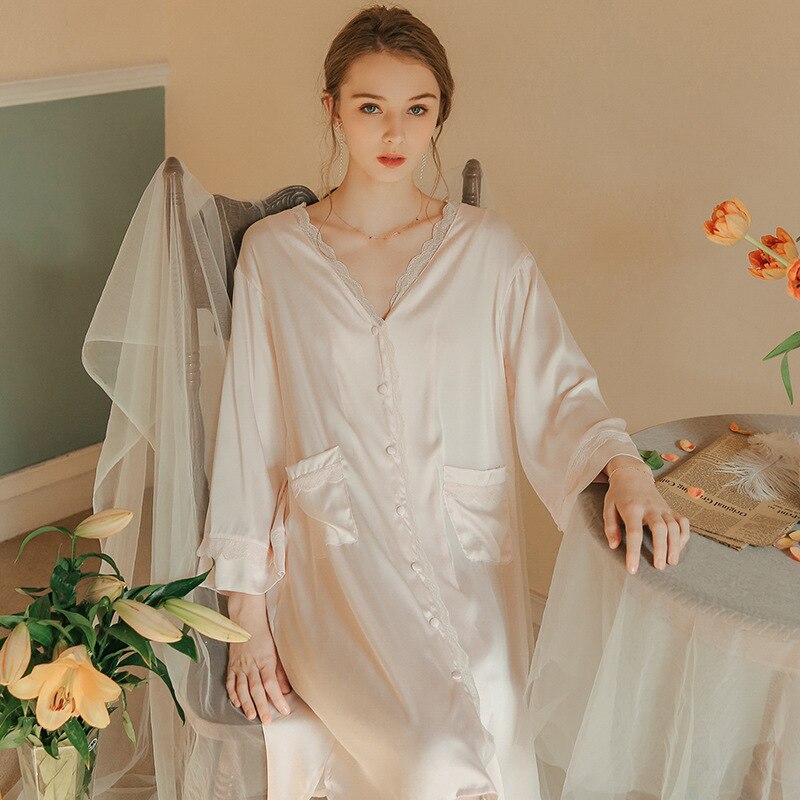 Sexy Sleep Tops Ladies Spring Autumn Summer Loose Simulation Silk Night Dress Plus Size Long Sleeve Lace Collar Sleep Clothes: M