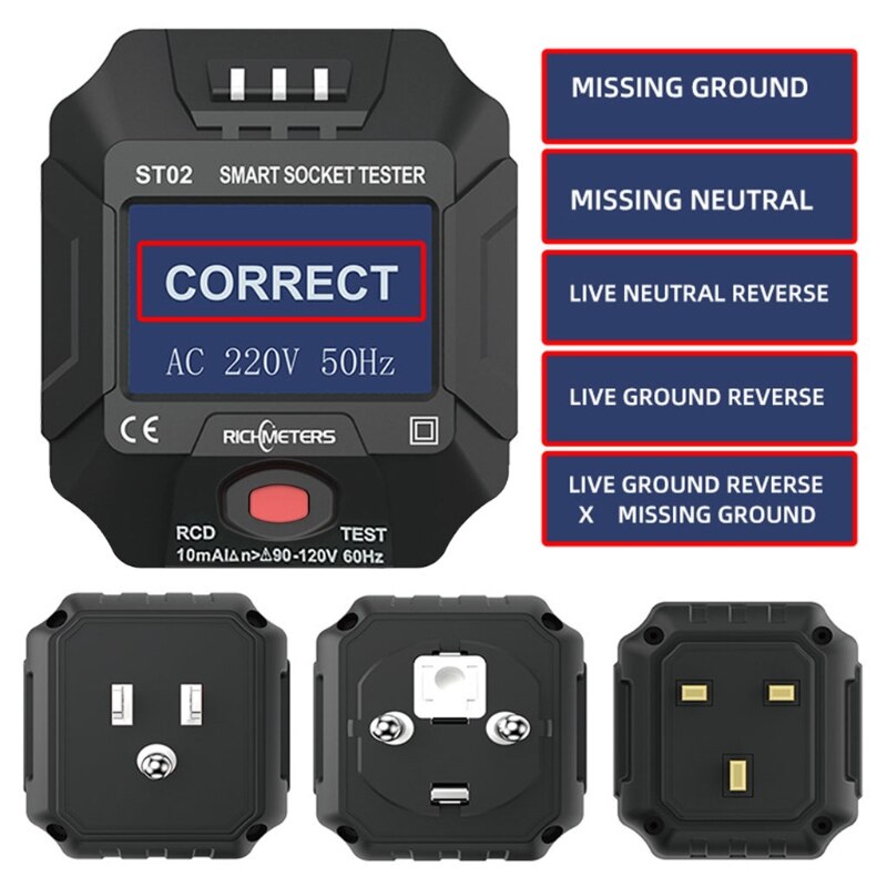 110V-250V Smart Socket Tester, Digital Voltage and Frequency Detect Tool, Electric Circuit Detector - EU/US/UK Plug to Choose
