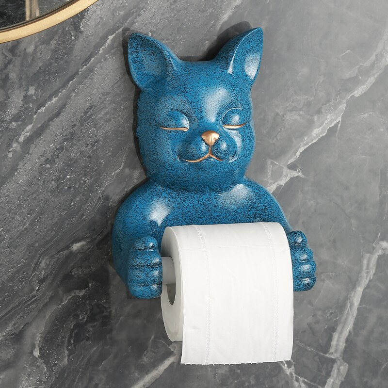 Luxury Resin French Bulldog Paper Tissue Holder Toilet Animal Sculpture Shelf Bathroom Tissue Holder Free Perforated Wall Mount