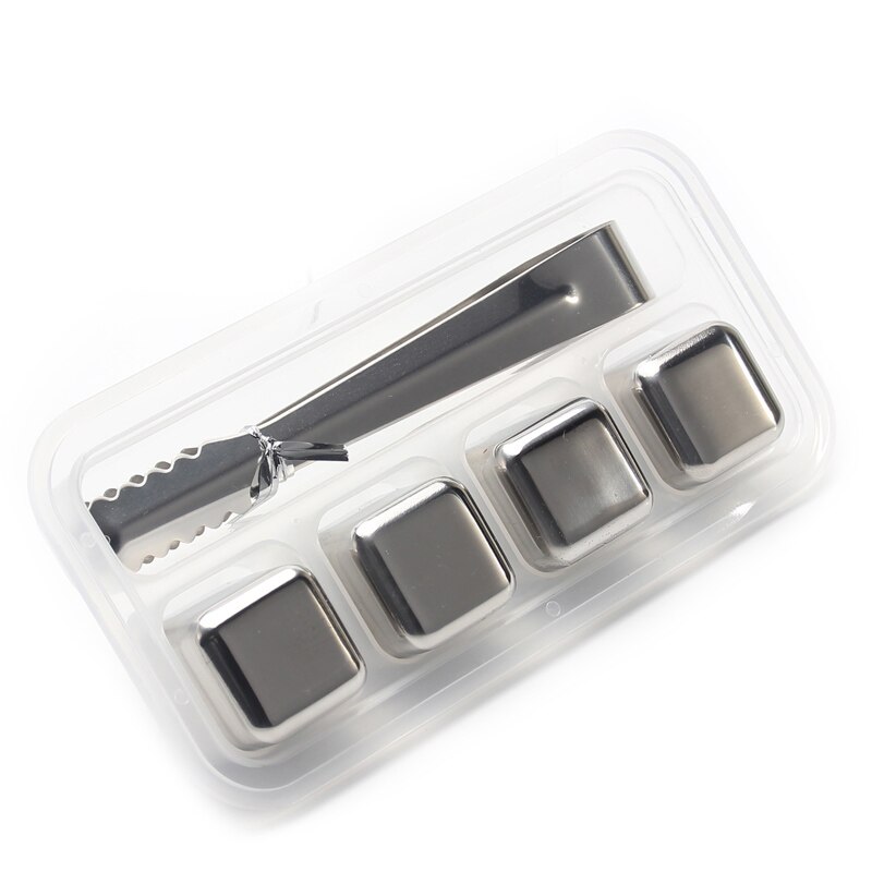 Reusable Stainless Steel Ice Cubes set, Reusable Chilling Stones for Whiskey Wine, Keep Your Drink Cold Longer, SGS Test Pass: 4 Pack with Tongs