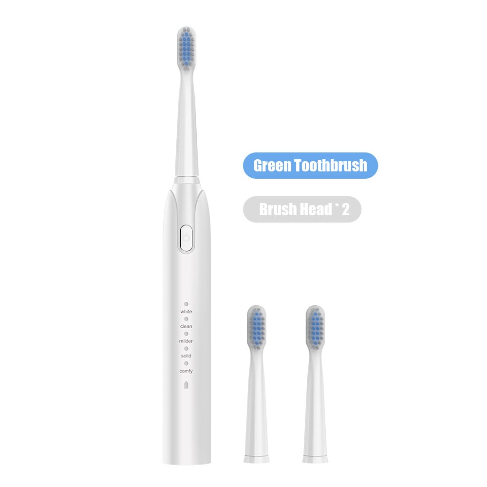 Electric Toothbrush With Two Brush Heads Adult Five-speed USB Rechargeable Teeth Brush Powerful Ultrasonic Electric Toothbrush: White