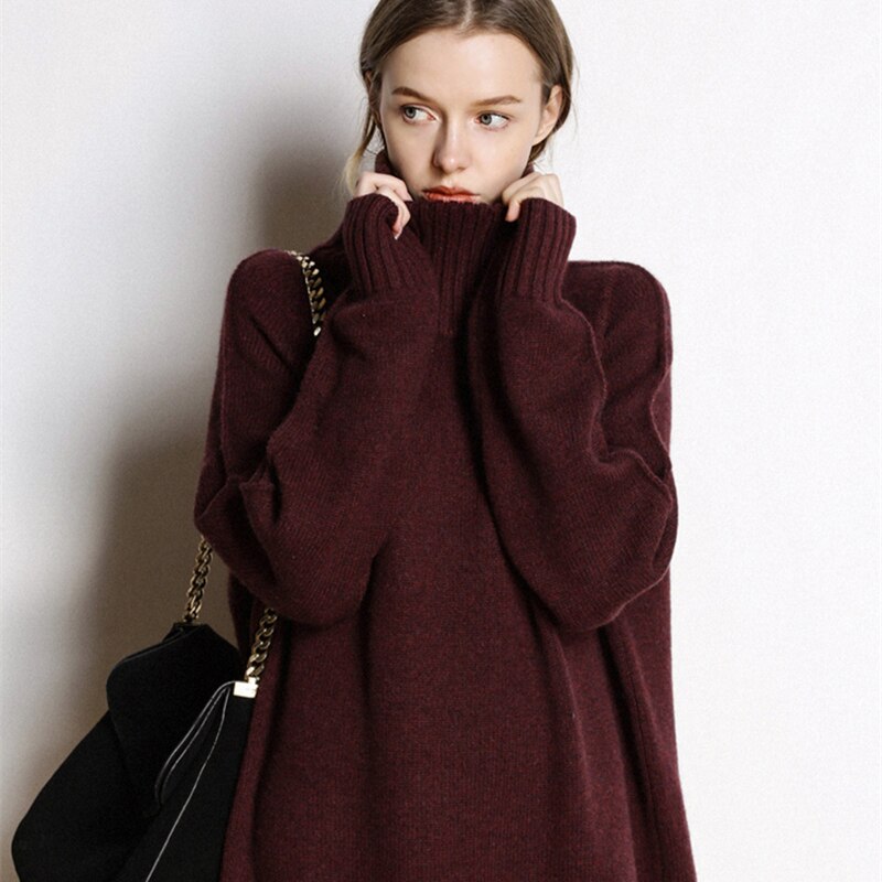 Kashmir genser dame høyhalset kasjmir genser dame ensfarget lang løs genser stor størrelse strikket skjorte
