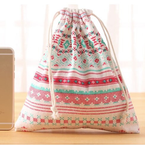 Handmade Cotton Linen Women Drawstring Bags Casual Cartoon Print Travel Home Storage Bag Environmental Reusable Fabric Pouch Bag: geometric M