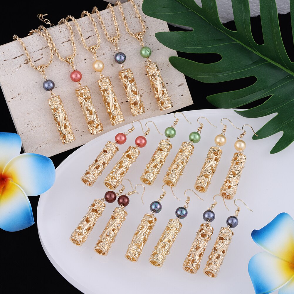 Cring Coco Earrings Necklace Set Hawaiian Polynesian Samoa Gold Hollow out Pearl Pendant Necklace Jewelry Set for Women