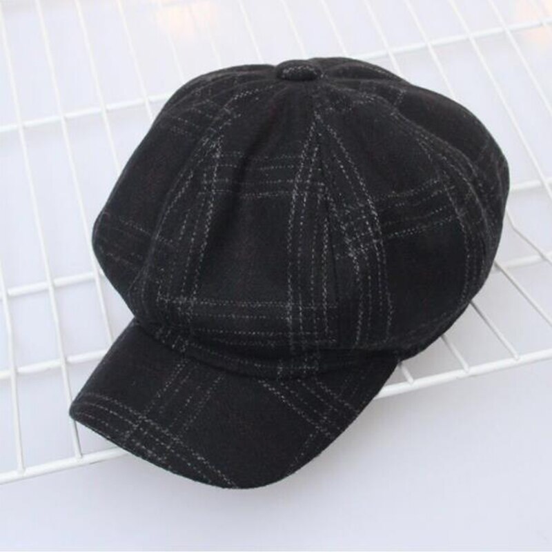 Quiosco gorra mujer Otoño Invierno octogonal gorras artista pintor sombreros para hombres y mujeres boina de cuadros gorra Casual: Black