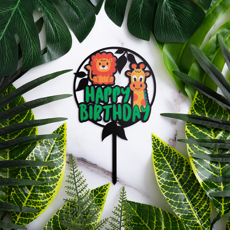 】Safari Theme Cake Topper Happy Birthday Cake Decoration for Kids Jungle Animal Birthday