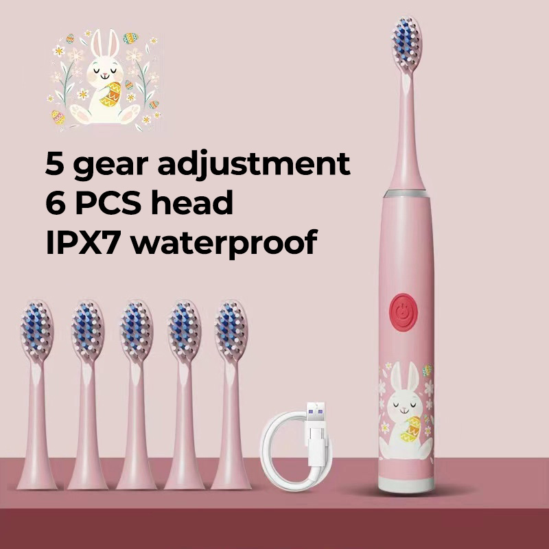 Children Sonic Electric Toothbrush Colorful Cartoon For Kids Ultrasonic Soft Fur Automatic Waterproof With Replacement Heads: Silver