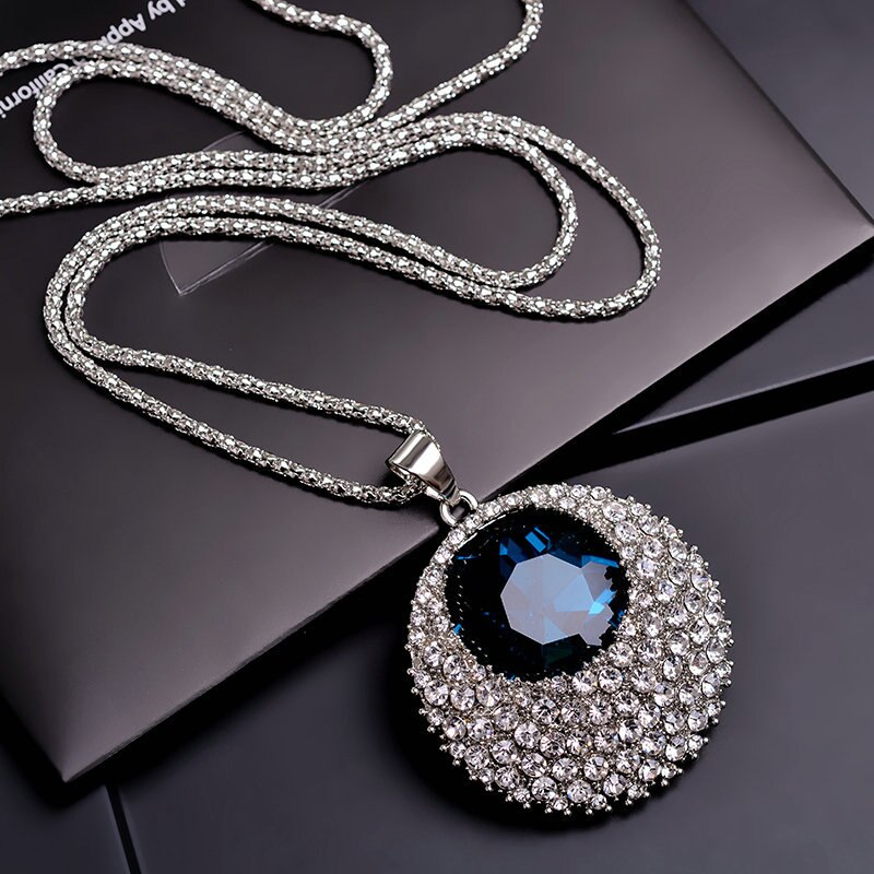 Vintage Blue Crystal Long Necklace Women Bijoux Jewelry Necklaces & Pendants Classic Ethnic Style