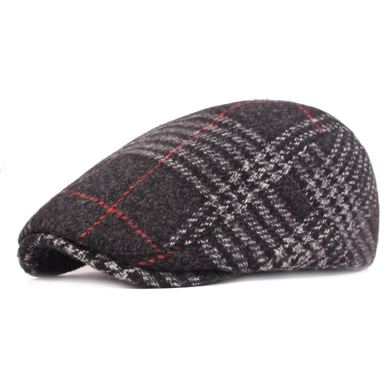 FS-Boina a cuadros de Tweed británico para hombre, gorros de lana plana, hiedra, Boina clásica a rayas, primavera e invierno: Black Flat Cap