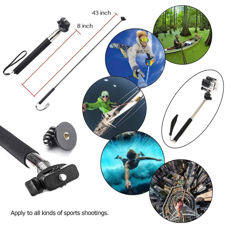 3 in- in-1 universele waterdichte action camera-accessoireset - hoofdbandbevestiging/borstharnas/selfiestick compatibel voor onderweg