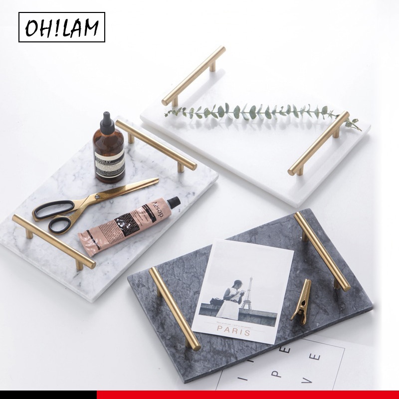 Decorative Tray Natural Rectangular Marble Tray Gold Metal Handles Handmade Bathroom Vanity Perfume Tray Trinket Tray Dresser