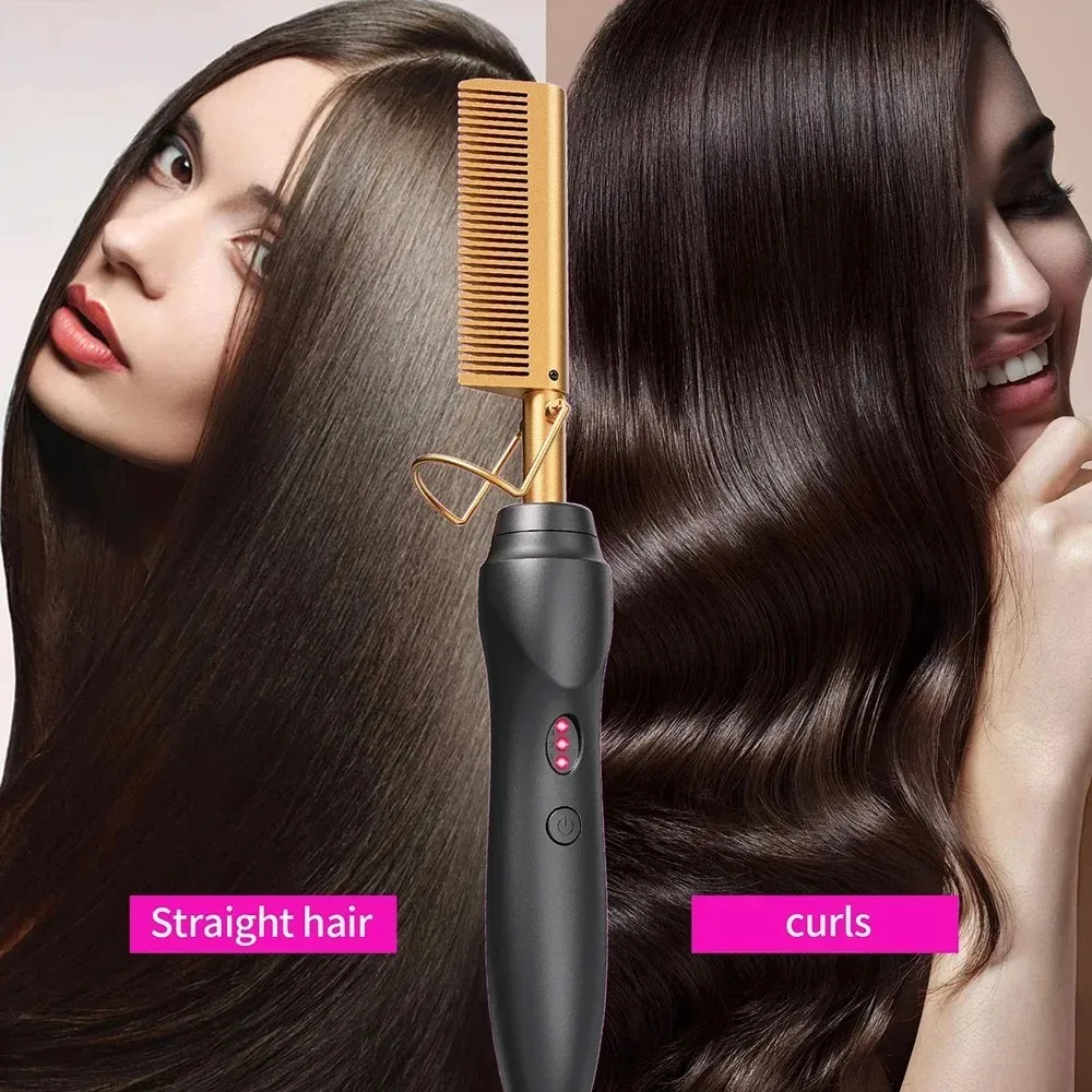 Portable Ceramic Hair Curler Electric Heating Comb Hair Straightener Curler Wet Dry Hair Straightening Hair Styling Tool